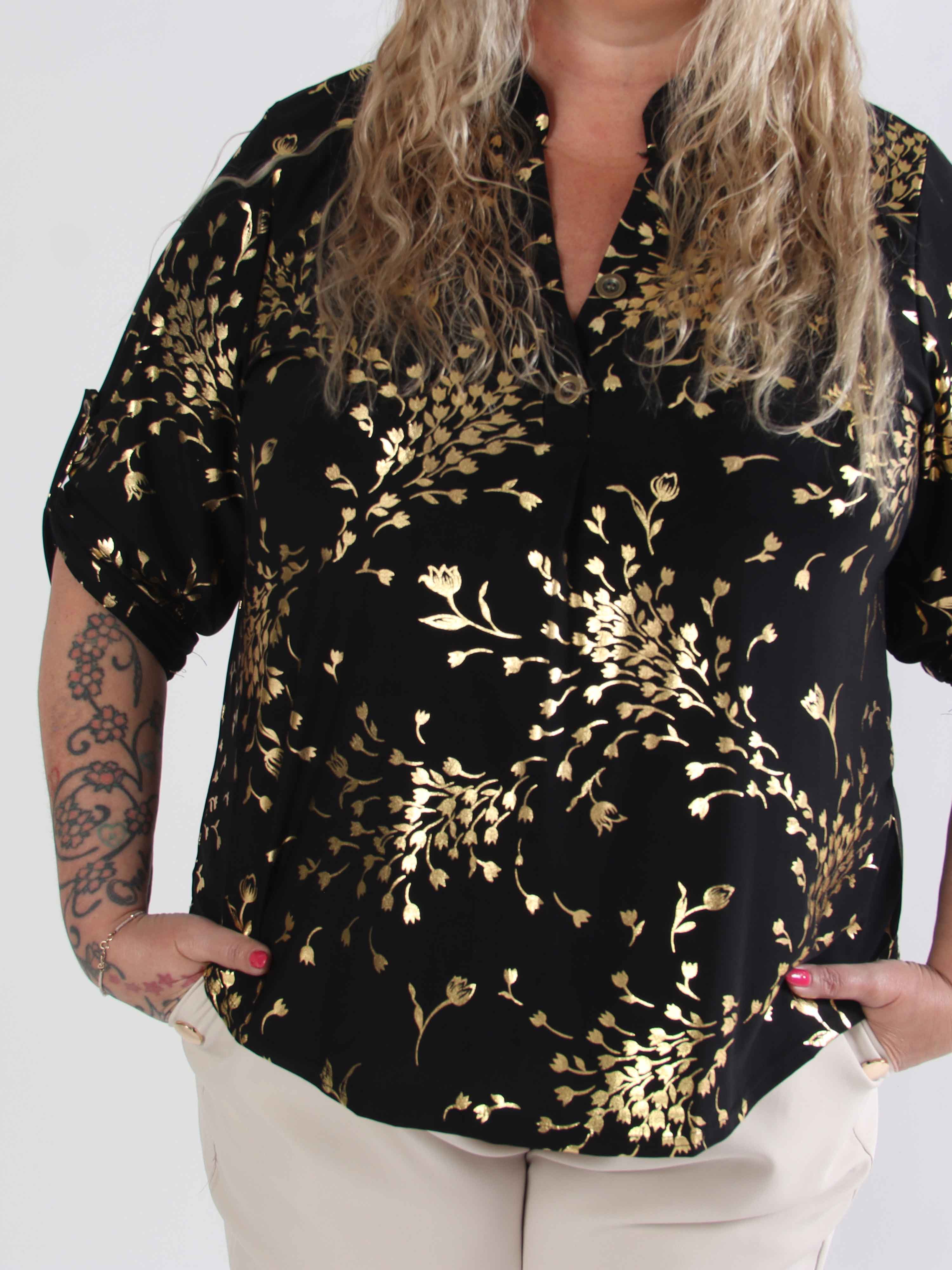 Ebba Gold Leaf Shirt - Elastisk plus size bluse mønstret med guld blade